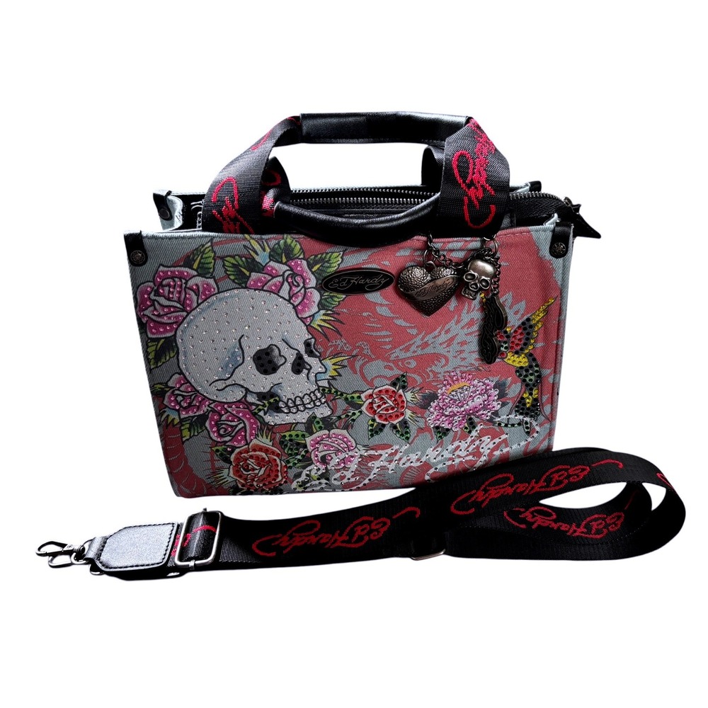 Ed Hardy Skull Rose Rhinestone Denim Crossbody Bag Y2K Tattoo Art Satchel Grey